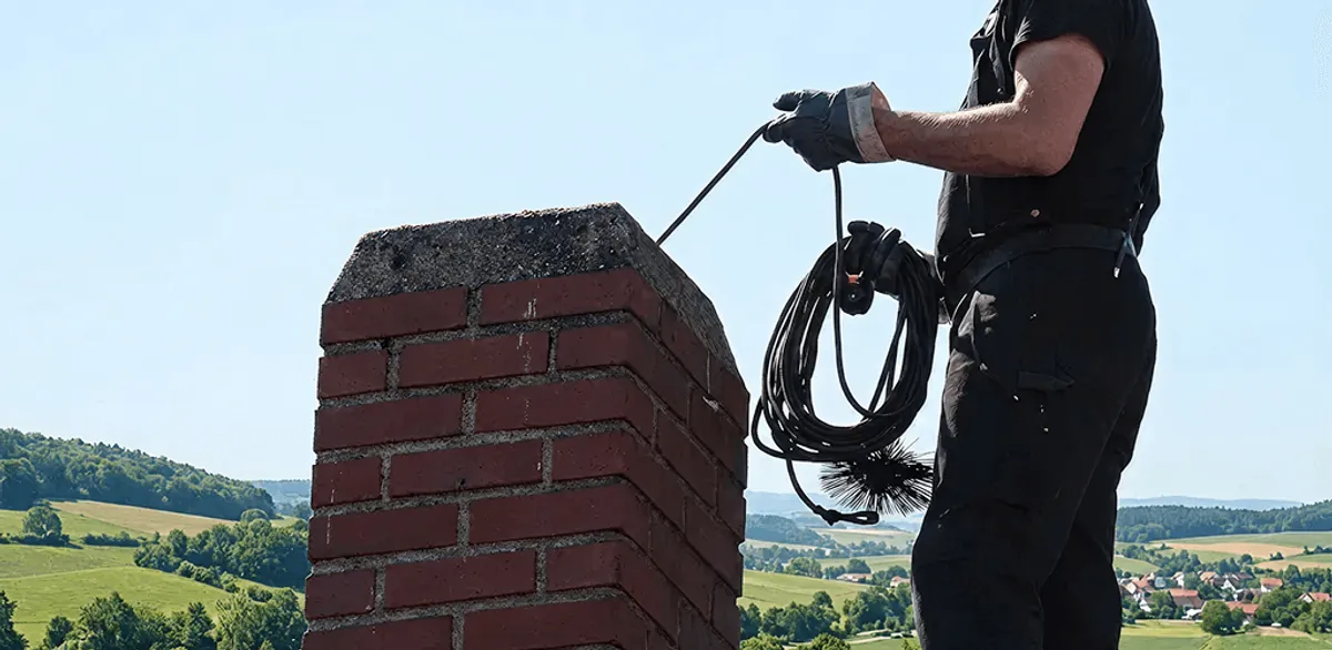 Chimney sweep inspecting and cleaning a rooftop chimney in Knoxville, TN